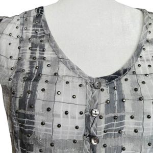 Reitmans Sheer Grey Black Sequin Blouse Lacing Cords Short Sleeve Size LP